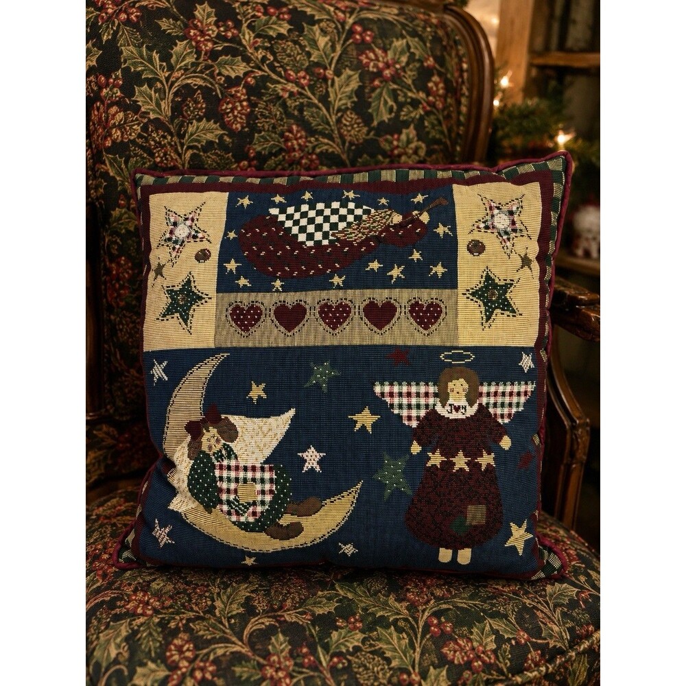 Vintage Christmas Tapestry Pillow Angels Moon Stars Folk Art Cottagecore Decor